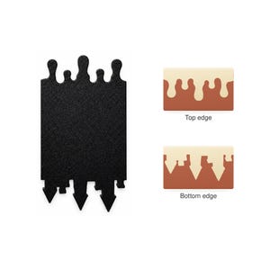 May include: A rectangular black panel with a textured surface, featuring a top edge with rounded drip-like protrusions and a bottom edge with sharp, pointed triangular shapes. Two smaller reference diagrams show the top and bottom edge details.