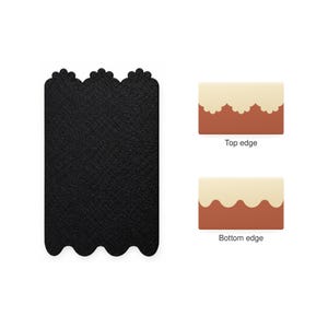 May include: A rectangular black textured sheet with a scalloped edge on both the top and bottom. To the right, two smaller rectangular diagrams labeled Top edge and Bottom edge show a cream-colored scalloped border on a terracotta background.