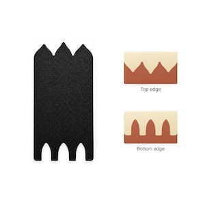 Könnte beinhalten: Eine rechteckige schwarze Platte mit strukturierter Oberfläche, die oben drei und unten drei spitze Bögen aufweist. Zwei kleinere Diagramme mit der Beschriftung Top edge und Bottom edge veranschaulichen die spezifischen Bogenformen in Creme und Braun.