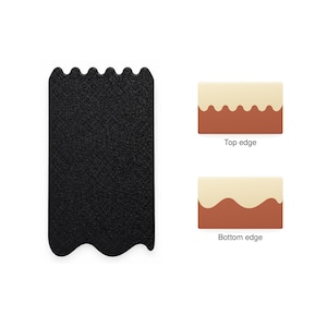 May include: A black rectangular textured tool with a scalloped top edge and a wavy bottom edge. To the right, two diagrams illustrate the top edge with a repeating scalloped pattern and the bottom edge with a single large wavy curve.