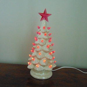 11 in White Pearl Ceramic Christmas Tree with pink lights and star