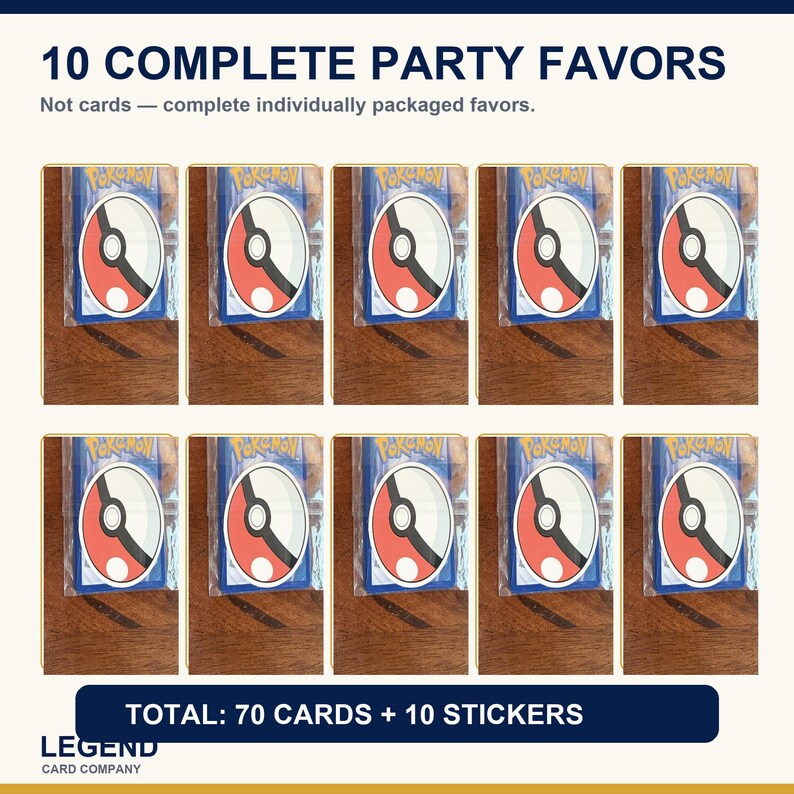 Puede incluir: Diez obsequios de fiesta empaquetados individualmente, cada uno con cartas Pok&eacute;mon y una pegatina de Pok&eacute; Ball. El texto dice 10 COMPLETE PARTY FAVORS, Not cards &mdash; complete individually packaged favors, y TOTAL: 70 CARDS + 10 STICKERS. Legend Card Company.