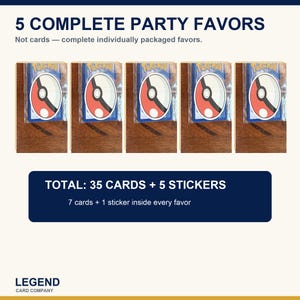 Puede incluir: Cinco recuerdos de fiesta completos, empaquetados individualmente en pl&aacute;stico transparente. Cada recuerdo contiene siete tarjetas coleccionables y una pegatina con un dise&ntilde;o de Pok&eacute; Ball rojo y blanco. Texto: 5 COMPLETE PARTY FAVORS, TOTAL: 35 CARDS + 5 STICKERS.