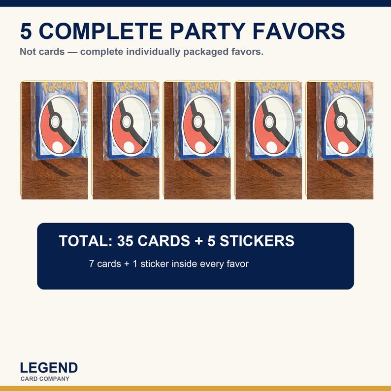 Puede incluir: Cinco recuerdos de fiesta completos, empaquetados individualmente en pl&aacute;stico transparente. Cada recuerdo contiene siete tarjetas coleccionables y una pegatina con un dise&ntilde;o de Pok&eacute; Ball rojo y blanco. Texto: 5 COMPLETE PARTY FAVORS, TOTAL: 35 CARDS + 5 STICKERS.