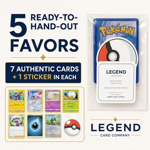 Puede incluir: Un conjunto de 5 paquetes de regalo, cada uno con 7 cartas coleccionables Pok&eacute;mon aut&eacute;nticas y 1 pegatina de Pok&eacute; Ball. El empaque es de pl&aacute;stico transparente. El texto incluye 5 READY-TO-HAND-OUT FAVORS, 7 AUTHENTIC CARDS + 1 STICKER IN EACH y LEGEND CARD COMPANY.