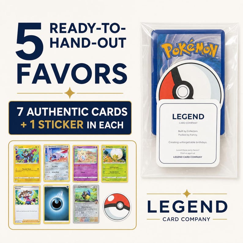 Puede incluir: Un conjunto de 5 paquetes de regalo, cada uno con 7 cartas coleccionables Pok&eacute;mon aut&eacute;nticas y 1 pegatina de Pok&eacute; Ball. El empaque es de pl&aacute;stico transparente. El texto incluye 5 READY-TO-HAND-OUT FAVORS, 7 AUTHENTIC CARDS + 1 STICKER IN EACH y LEGEND CARD COMPANY.