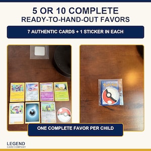 Puede incluir: Un conjunto de tarjetas coleccionables y una pegatina con el texto 5 OR 10 COMPLETE READY-TO-HAND-OUT FAVORS, 7 AUTHENTIC CARDS + 1 STICKER IN EACH y ONE COMPLETE FAVOR PER CHILD. Las tarjetas muestran varias ilustraciones de personajes.
