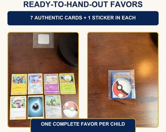 Personalized Pokémon Party Favors, 5 or 10 Complete Ready-to-Hand-Out Goodie Bags, 7 Authentic Cards + Sticker Each