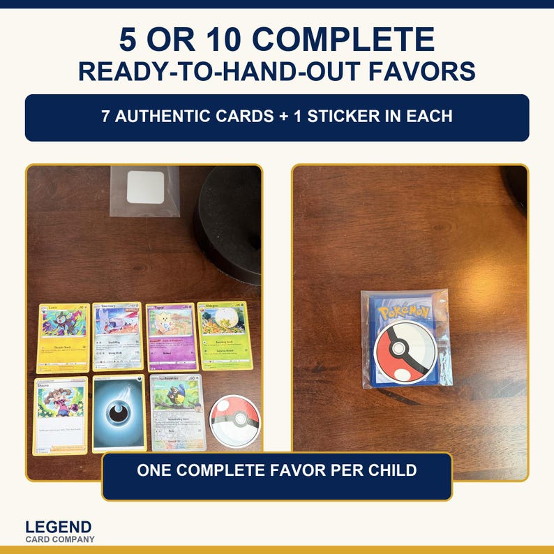 Puede incluir: Un conjunto de tarjetas coleccionables y una pegatina con el texto 5 OR 10 COMPLETE READY-TO-HAND-OUT FAVORS, 7 AUTHENTIC CARDS + 1 STICKER IN EACH y ONE COMPLETE FAVOR PER CHILD. Las tarjetas muestran varias ilustraciones de personajes.