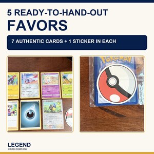 Puede incluir: Un conjunto de 5 obsequios listos para entregar, cada uno con 7 tarjetas aut&eacute;nticas y 1 pegatina. Las tarjetas presentan varias ilustraciones coloridas y texto, mientras que la pegatina muestra un dise&ntilde;o circular de color rojo y blanco.