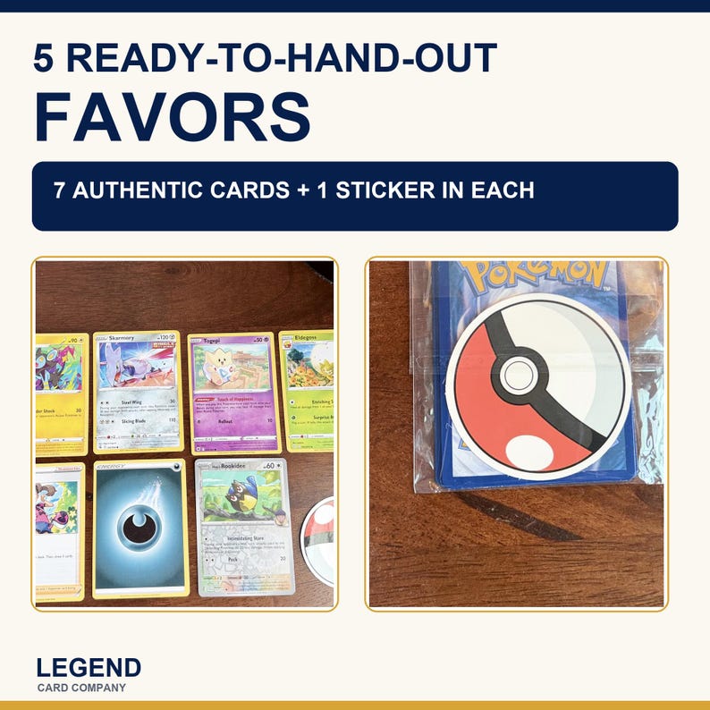 Puede incluir: Un conjunto de 5 obsequios listos para entregar, cada uno con 7 tarjetas aut&eacute;nticas y 1 pegatina. Las tarjetas presentan varias ilustraciones coloridas y texto, mientras que la pegatina muestra un dise&ntilde;o circular de color rojo y blanco.