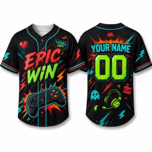May include: A black button-down baseball jersey featuring a vibrant gaming-themed print. The front displays the text "EPIC WIN," a game controller, and a heart icon. The back features "YOUR NAME" and "00" in neon green with a headset and ghost icon.