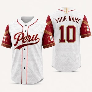 Maillot de baseball péruvien brodé et imprimé personnalisé avec drapeau péruvien, nom et numéro au dos, motif lama inca, tenue assortie pour toute la famille