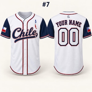 May include: A white baseball jersey with navy blue sleeves, featuring the word Chile in navy script on the front, a map of Chile, and the Chilean flag on the sleeve. The back displays the text YOUR NAME and the number 00 in navy and red trim.