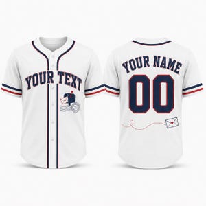 May include: A white baseball jersey with navy blue and red trim. The front features the text YOUR TEXT, a mailbox icon, and a postmark. The back displays the text YOUR NAME above the number 00, with a small envelope graphic and a dashed line trail.