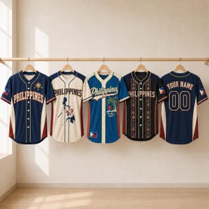 May include: Five button-down baseball jerseys hanging on a rack. The designs feature the word Philippines, a map of the country, a palm tree, and geometric patterns in blue, cream, black, and red. One jersey shows the back with Your Name and 00.