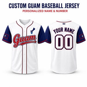 May include: A white baseball jersey with navy blue sleeves, featuring the text CUSTOM GUAM BASEBALL JERSEY PERSONALIZED NAME & NUMBER. The front displays the word Guam in red script, a Guam map icon, and a small flag patch. The back shows GU, YOUR NAME, and 00.