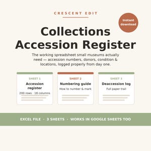 May include: A digital Collections Accession Register spreadsheet template featuring three sheets: Accession register, Numbering guide, and Deaccession log. The layout includes text headers, a beige background, and green accents for Excel and Google Sheets.
