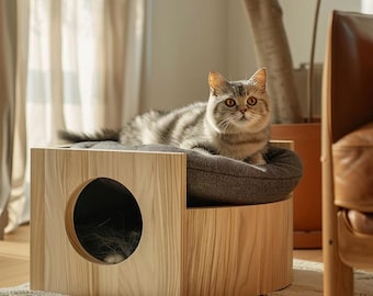 Casita para gatos de roble macizo, muebles modernos para gatos hechos a mano, cama de madera natural (fabricada en Londres).