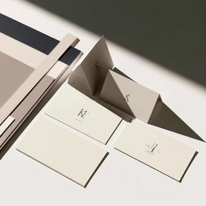 Cream wedding place cards with small dark initials and fine lettering, shown as flat and folded cards on a pale surface. Digital concept mockup of personalised table stationery.