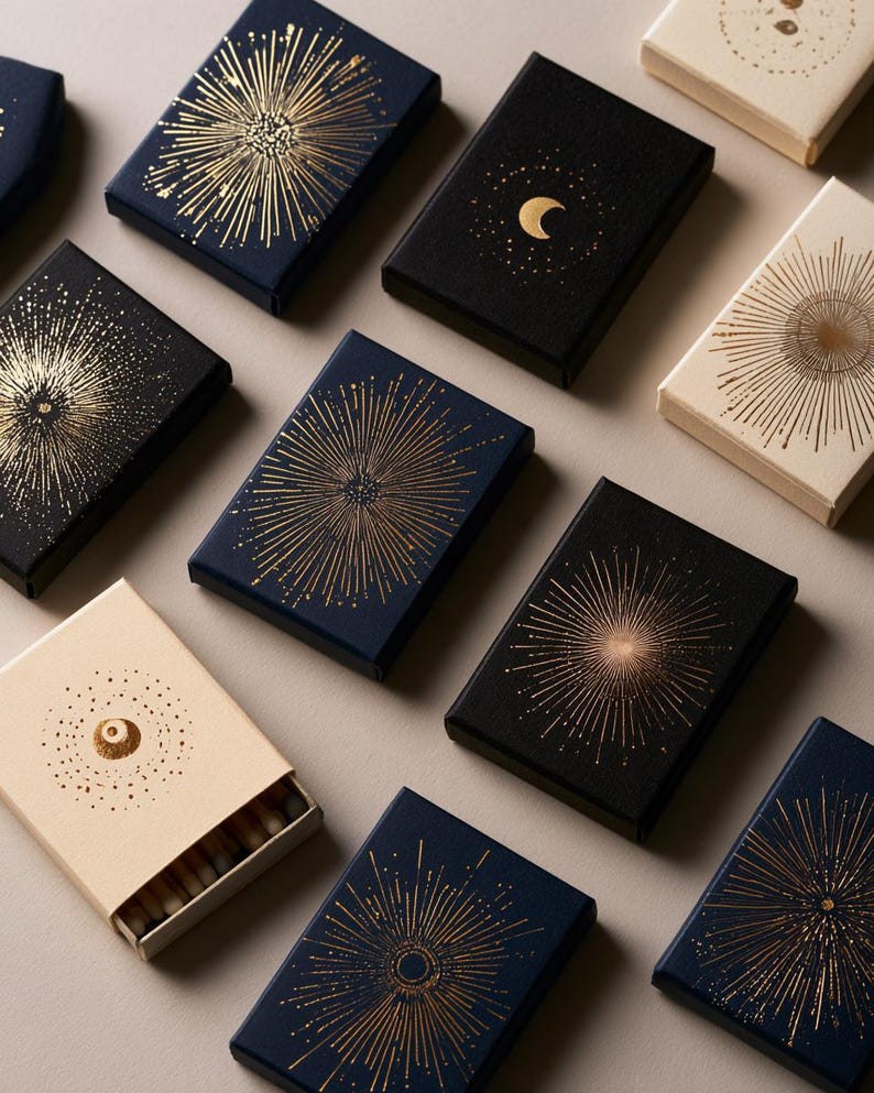 Dark matchbox mockups styled for an evening celebration, with plain and gold-toned decorative sleeve designs. The presentation shows compact rectangular boxes for personalised party favours.