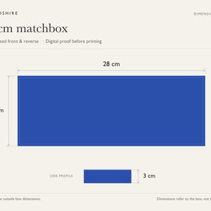 Dimension guide for the extra-long matchbox: approximate outside measurements 28 cm long, 10.5 cm wide and 3 cm deep. Measurements refer to the box, not the matches.