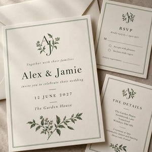 Juego de invitaciones de boda personalizadas: tarjetas A6, tarjetas de confirmación de asistencia y sobres lisos.