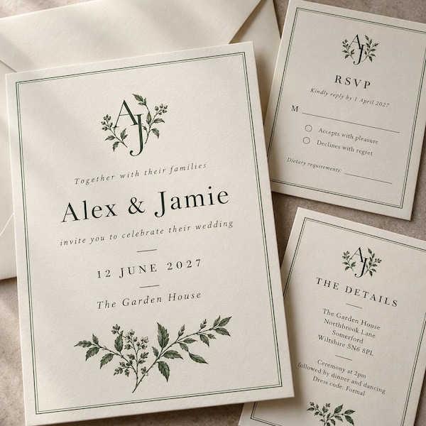 Ivory wedding invitation with an AJ monogram and green leaves