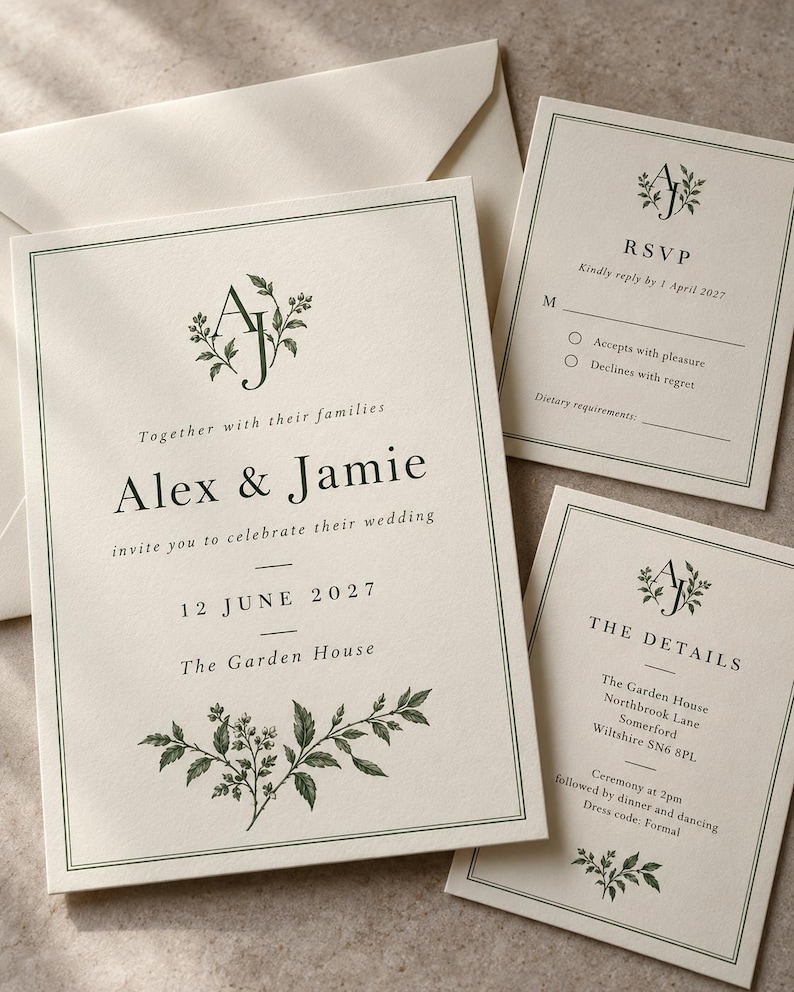 Ivory wedding invitation with an AJ monogram and green leaves