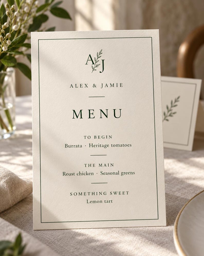 Ivory wedding menu card with a green AJ monogram, fine border, and a legible three-course sample menu. Styled on a linen table beside a plate. Digital concept mockup of personalised printed menu stationery.