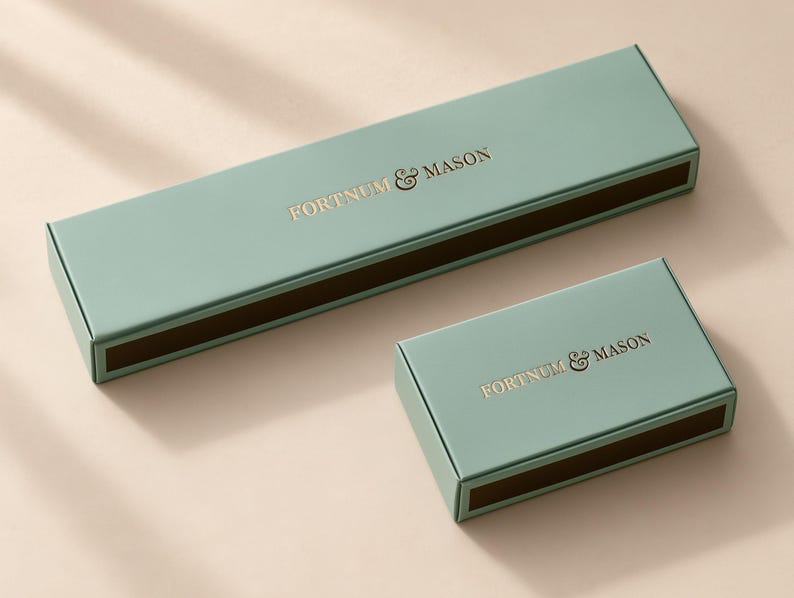 Concept mockup of blue-green matchboxes in 28cm and 14.5cm formats, featuring gold Fortnum & Mason lettering.