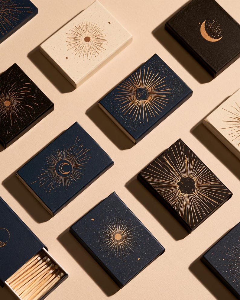 Dark matchbox mockups styled for an evening celebration, with plain and gold-toned decorative sleeve designs. The presentation shows compact rectangular boxes for personalised party favours.