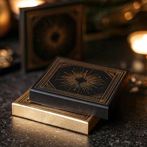May include: Two rectangular boxes stacked on each other. The top box is black with gold foil sunburst illustrations and geometric border lines. The bottom box is solid gold with black geometric border lines. Both boxes have a matte finish.