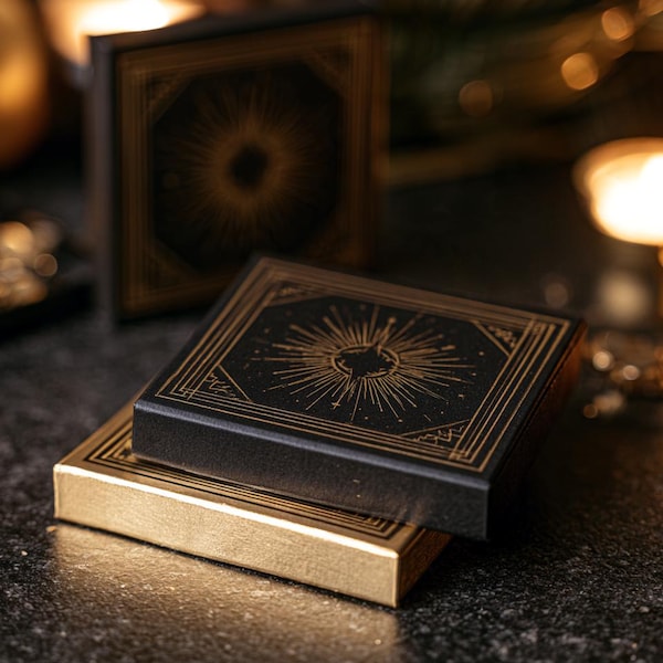 Black and gold New Year matchboxes with a starburst design