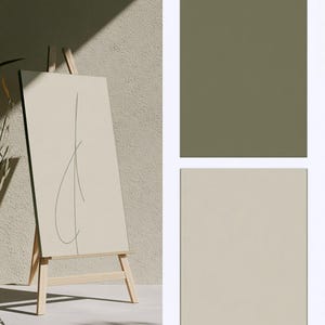 A tall cream wedding-sign mockup displayed upright with coordinated cream and olive paper stationery on a neutral surface. Soft daylight highlights the simple rectangular layout and paper textures.