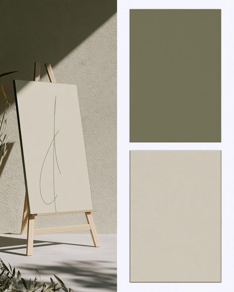 A tall cream wedding-sign mockup displayed upright with coordinated cream and olive paper stationery on a neutral surface. Soft daylight highlights the simple rectangular layout and paper textures.