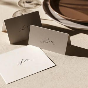 Cream wedding place cards with small dark initials and fine lettering, shown as flat and folded cards on a pale surface. Digital concept mockup of personalised table stationery.