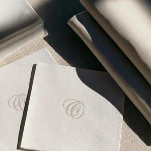 Square navy and cream cocktail napkins with small contrasting monogram letters, displayed with coordinating paper pieces. Digital concept mockup showing a personalised wedding or event table detail.