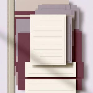 Layered unprinted menu-card mockups with curved paper edges in cream and muted burgundy tones. The arrangement shows contrasting paper shapes and soft shadows for a modern table-stationery design.