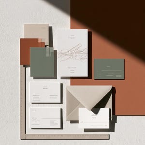 Puede incluir: Un juego de papelería con tarjetas y sobres en blanco, verde salvia y terracota. La tarjeta principal muestra un dibujo lineal de un paisaje. Una regla en forma de L de color beige se sitúa a lo largo de los bordes, mostrando medidas en centímetros.
