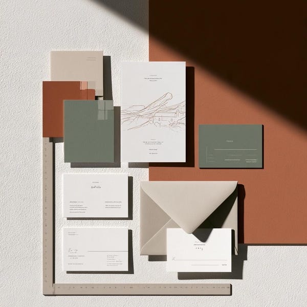 Illustrated invitation suite with envelopes in sage and terracotta