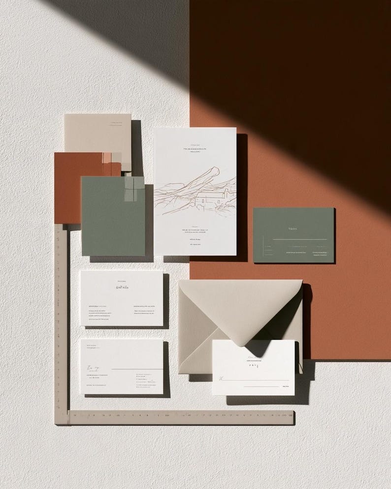 Illustrated invitation suite with envelopes in sage and terracotta