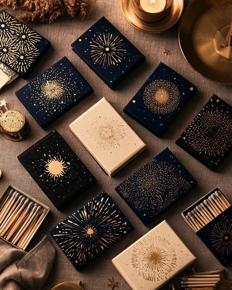 Dark matchbox mockups styled for an evening celebration, with plain and gold-toned decorative sleeve designs. The presentation shows compact rectangular boxes for personalised party favours.