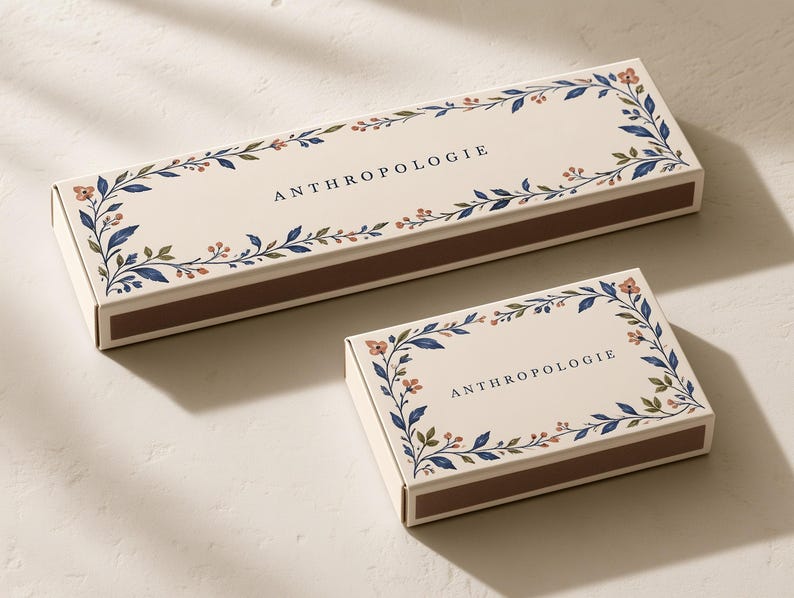 Concept mockup of ivory matchboxes in 28cm and 14.5cm formats, with botanical borders and Anthropologie lettering.