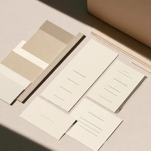 Cream rectangular menu cards and coordinated paper stationery arranged on a neutral background. Fine dark typography and generous margins create a restrained formal table-setting design. Digital concept mockup.