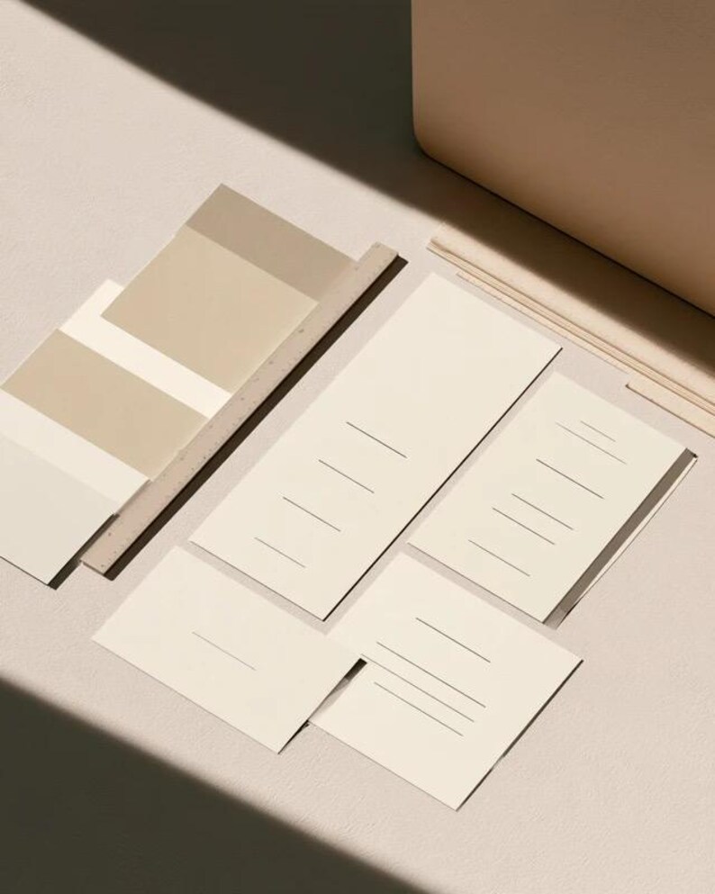 Cream rectangular menu cards and coordinated paper stationery arranged on a neutral background. Fine dark typography and generous margins create a restrained formal table-setting design. Digital concept mockup.
