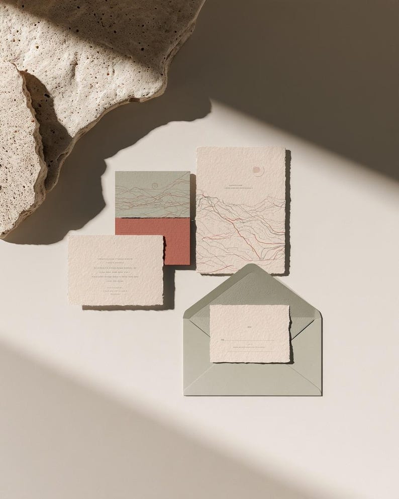Coordinated wedding invitation stationery with cream cards, muted green accents and an envelope, arranged on a pale background. Fine architectural illustration and small printed text appear on the cards. Digital concept mockup.