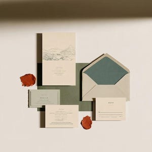 Coordinated wedding invitation stationery with cream cards, muted green accents and an envelope, arranged on a pale background. Fine architectural illustration and small printed text appear on the cards. Digital concept mockup.