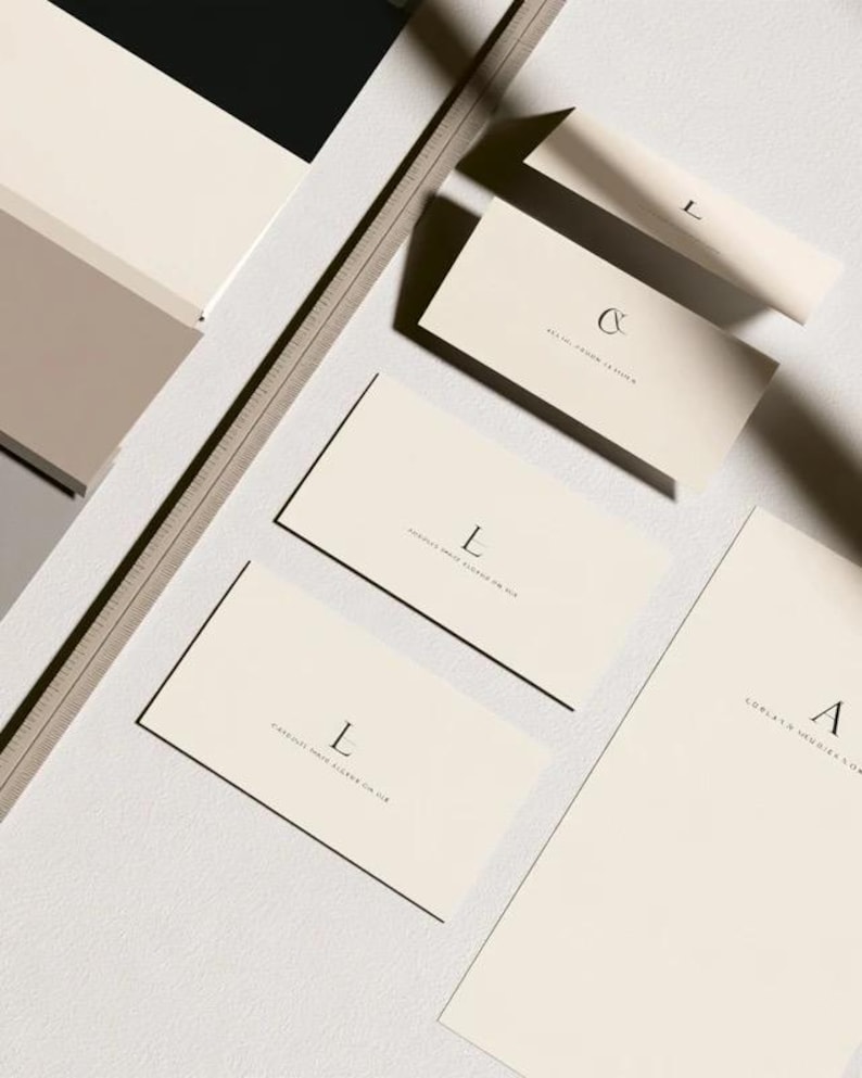 Cream wedding place cards with small dark initials and fine lettering, shown as flat and folded cards on a pale surface. Digital concept mockup of personalised table stationery.