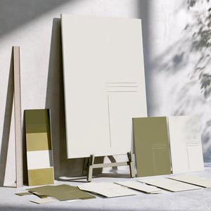 A tall cream wedding-sign mockup displayed upright with coordinated cream and olive paper stationery on a neutral surface. Soft daylight highlights the simple rectangular layout and paper textures.